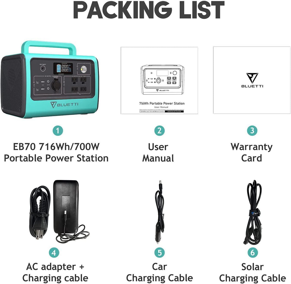 maxoak bluetti EB70 power station packing list