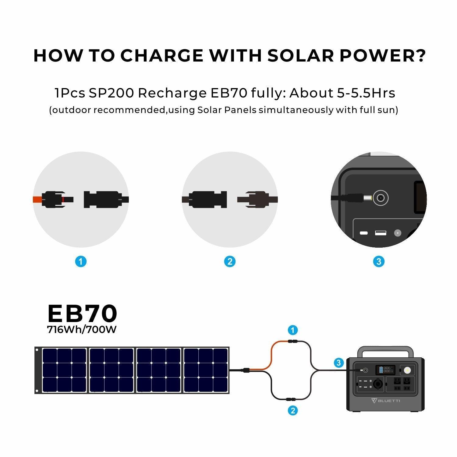 maxoak bluetti EB70 power station how to charge with solar power